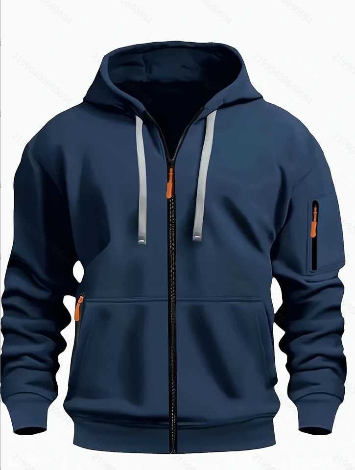 Mens Casual Sports Hoodies Fashion Drawstring Sweatshirts Solid Loose Fit Arm Pocket Long Sleeve Zipper Top SweatshirtsXJ250621