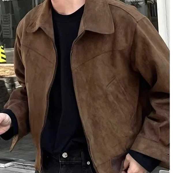 Mens Jacket Turn Down Collar Full Sleeve Jackets Solid Zipper Loose Fit Spliced Coats Casual Pockets Outerwear Autumn 2024 XJ250621