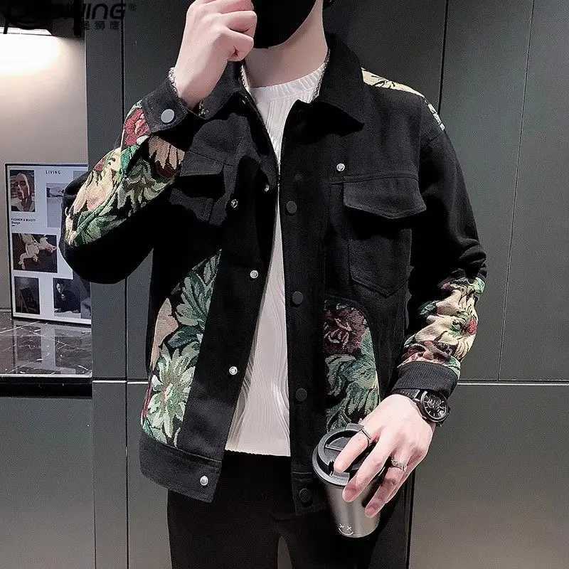 Spring Autumn New Fashion Turn-down Collar Long Sleeve Embroidery Jacket Mens Clothing Trend Korean Casual All-match Loose Tops XJ250621