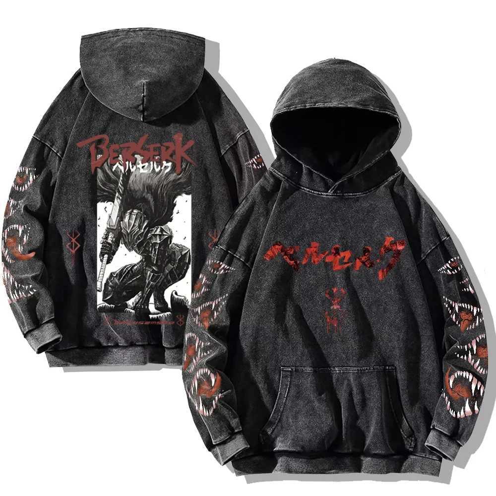 Mens Berserk Hoodies Gothic Print Vintage Washed Hoodie Hip Hop Streetwear Cotton Sweatshirts Y2k Oversized HoodieXJ250621