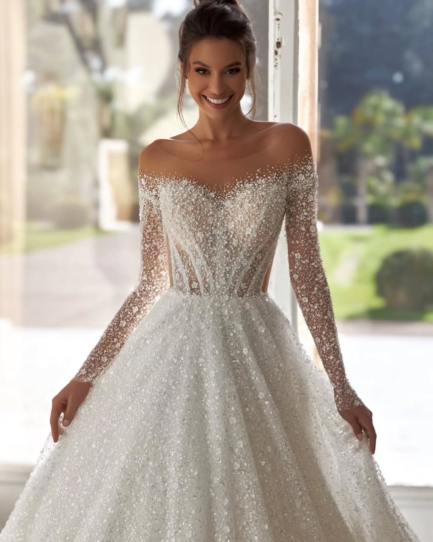 Sparkly Wedding Dresses Sequins O Neck A Line Bridal Gowns Pearls Beading Flowers Long Sleeves Customized Princess Vestidos De Novia Plus Size