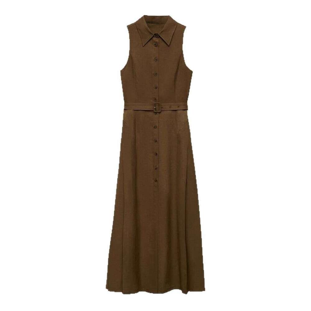 Long Dress Summer New Split Long V Neck Sleeveless Solid Color Waist Cinching Shirt Dress Fashion Simple Commuter Sexy Long Skirt