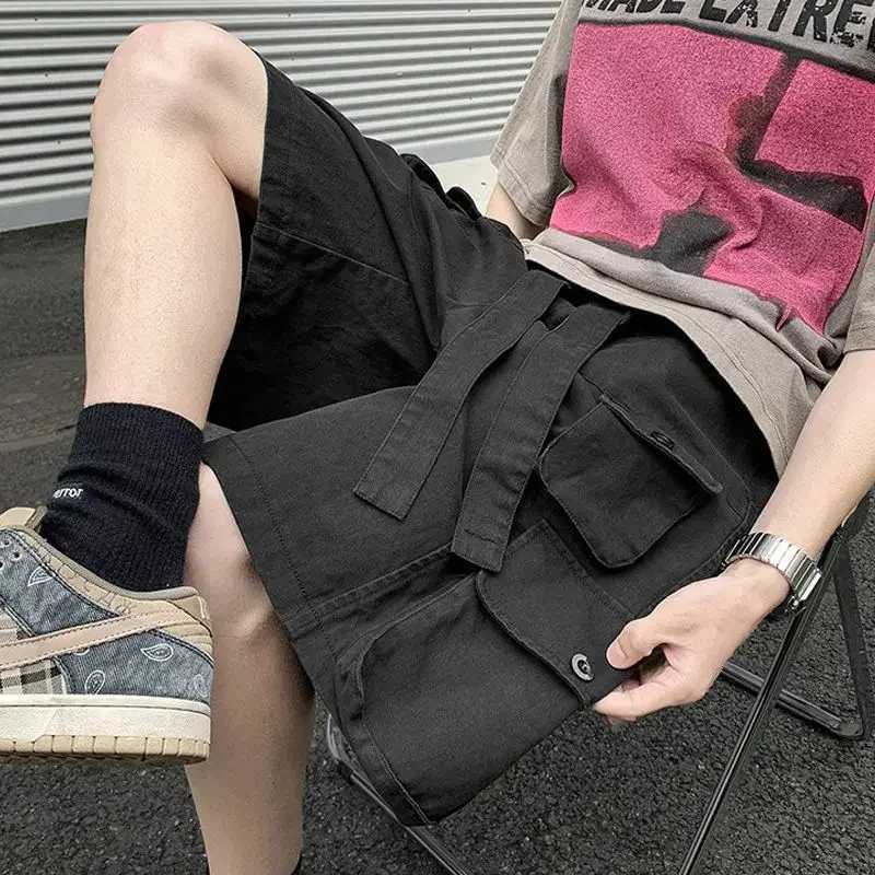 Oversize with Draw String Short Pants for Men Loose Big Size Long Baggy Bermuda Multi Pocket Wide Solid Mens Cargo Shorts Half W250621