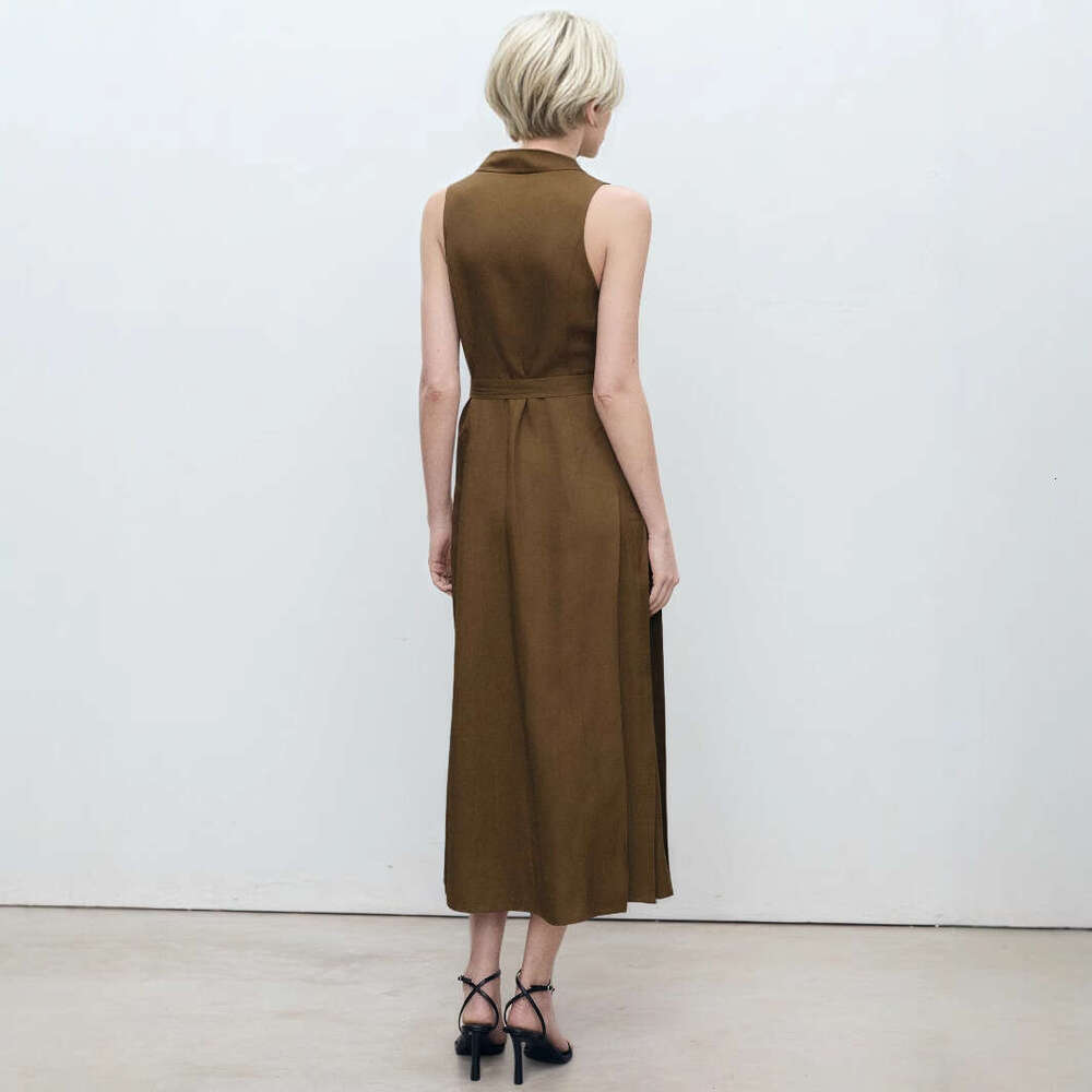 Long Dress Summer New Split Long V Neck Sleeveless Solid Color Waist Cinching Shirt Dress Fashion Simple Commuter Sexy Long Skirt