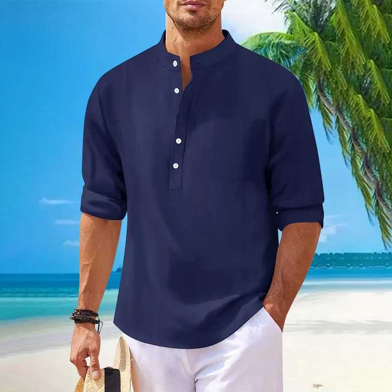 Cotton Linen Hot Sale Mens Long-Sleeved Shirts Spring Autumn ventilate Solid Color pocket Stand-Up Collar Casual Beach Style XJ250621