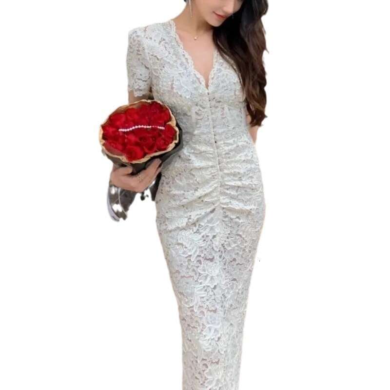 Long Dress Star Style Heavy Embroidered V Neck High Waist Lace Hollow Out Slim Fit Bodycon Socialite Elegant Dress For Women SP Sexy Long Skirt