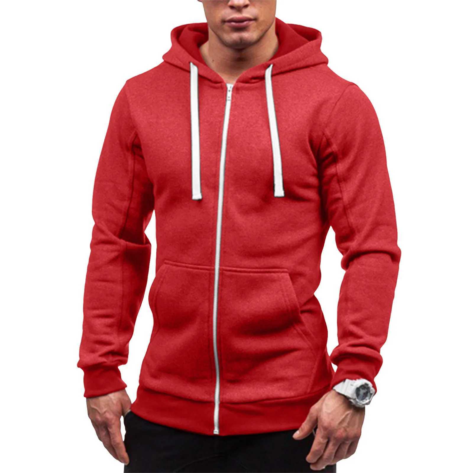 Full Zip Fashion Hooded Jacket For Men Casual Autumn And Winter Long Sleeved Solid Color Drawstring Lightweight Coats Loose FitXJ250621