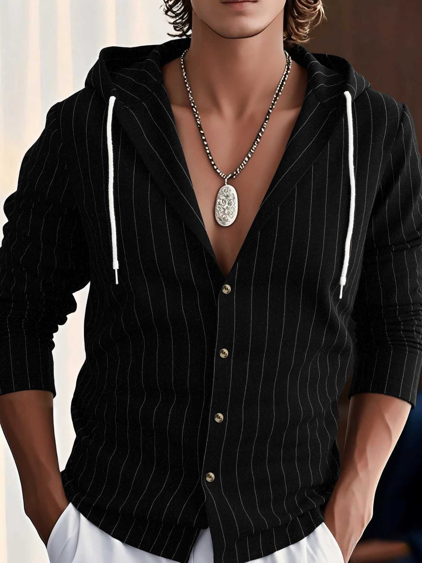 Mens Hoodie Retro cotton and linen striped long sleeved shirt Casual daily cardigans Hot selling fashionable mens clothing XJ250621