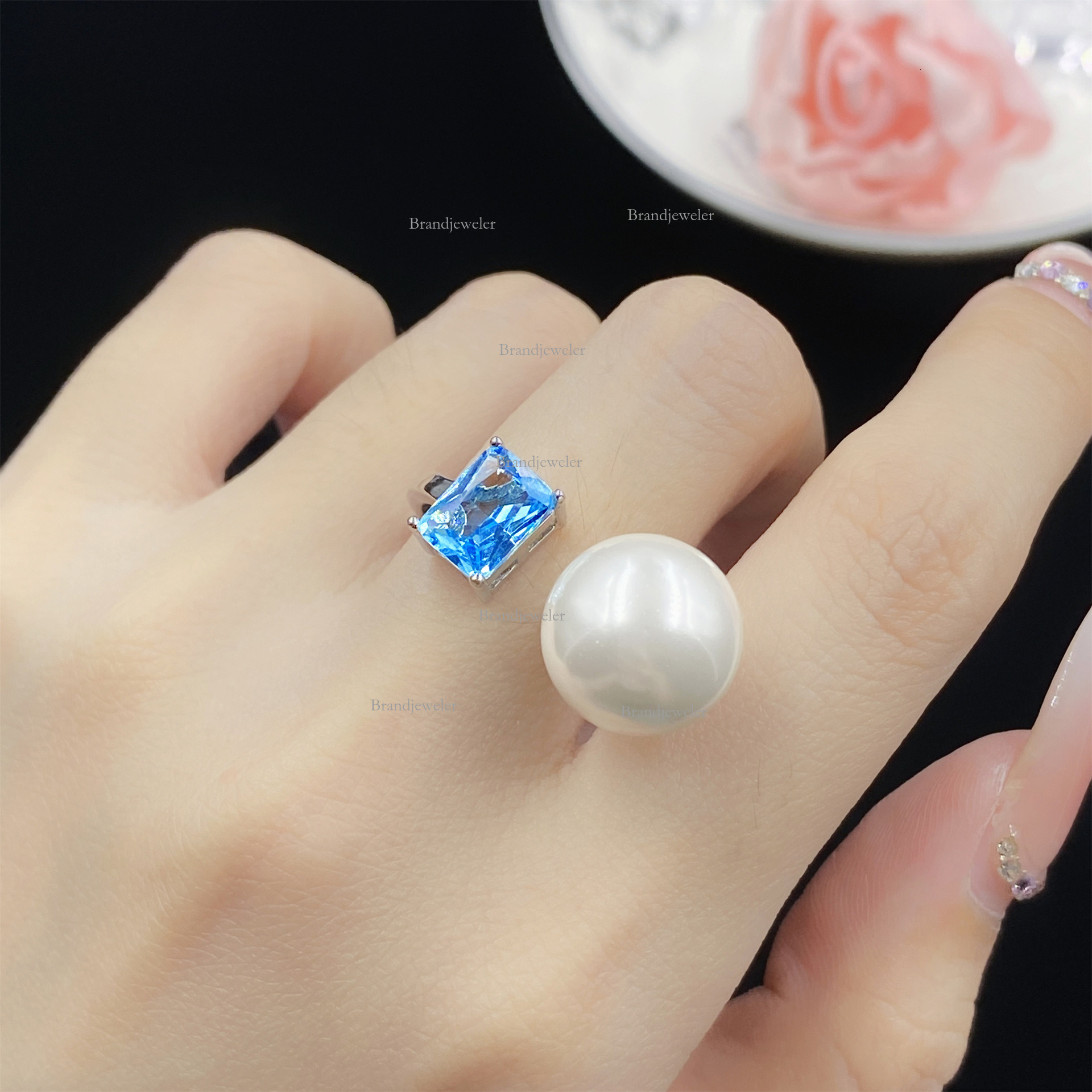 Natural Shell Pearl Comparable To Pearl Free Delivery Cap Simulation Aquamarine 2025 Model Topaz Set Designer Necklace Open Ring Women's Elegant 