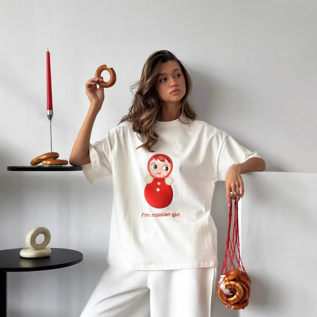 Street Style Retro Russian Doll Print Ladies T Shirt Casual Fashion Y2k Personality Round Neck Short Sleeved T Shirt