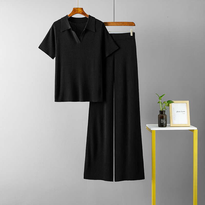 Women's Polo Collar Pullover Short Sleeve Top + Slimming Versatile Solid Color Wide Leg Pants Knitted Fashion Set