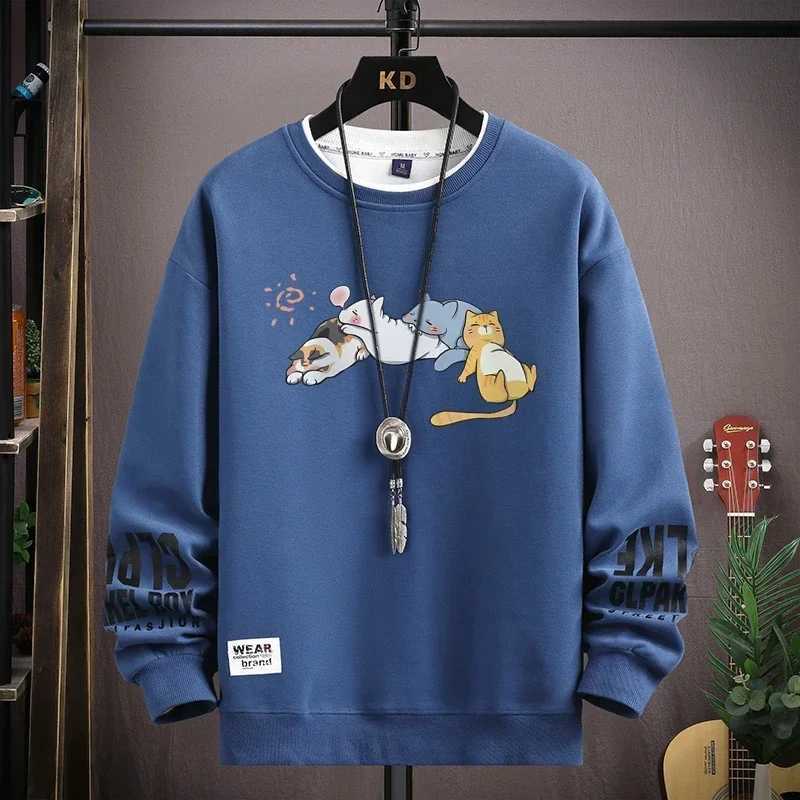 Japan Cartoon Mens Sweatshirt Hoodies Autumn Cats Printed Long Sleeve T-shirt Fashion Mens Clothing Khaki O Neck Harajuku Top Z250621