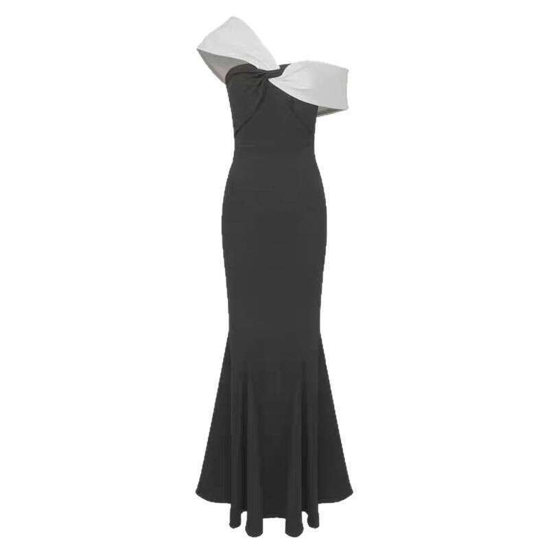 Long Dress Summer French Niche Design Liu Shishi Celebrity Same Style Fashion Color Block Off Shoulder Slim Fit Mermaid Long Dress Gown Sexy Long Skir