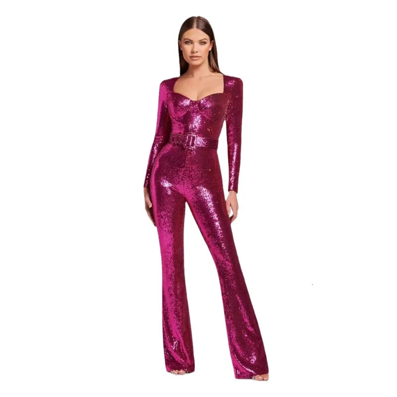 Jumpsuits Women Sequin One Piece Floor Length Pant Overalls Full Sleeve Bodycon Party Night Rompers Splice High Waist Belt 250617