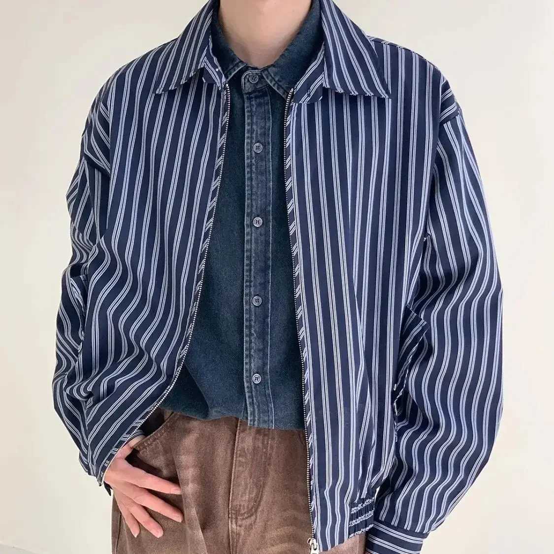 Autumn American Vintage Design Striped Jackets for Men long sleeve Zipper Lapel Loose Casual Bomber Jacket Mens Coat StreetwearXJ250621
