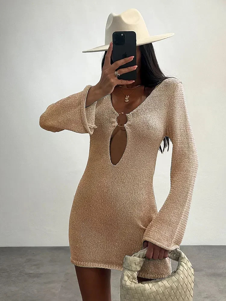 Sexy Flared Sleeve Slim Knitted Dress Autumn / Winter Womens Elegant V-neck Short Dresses A2917 250617