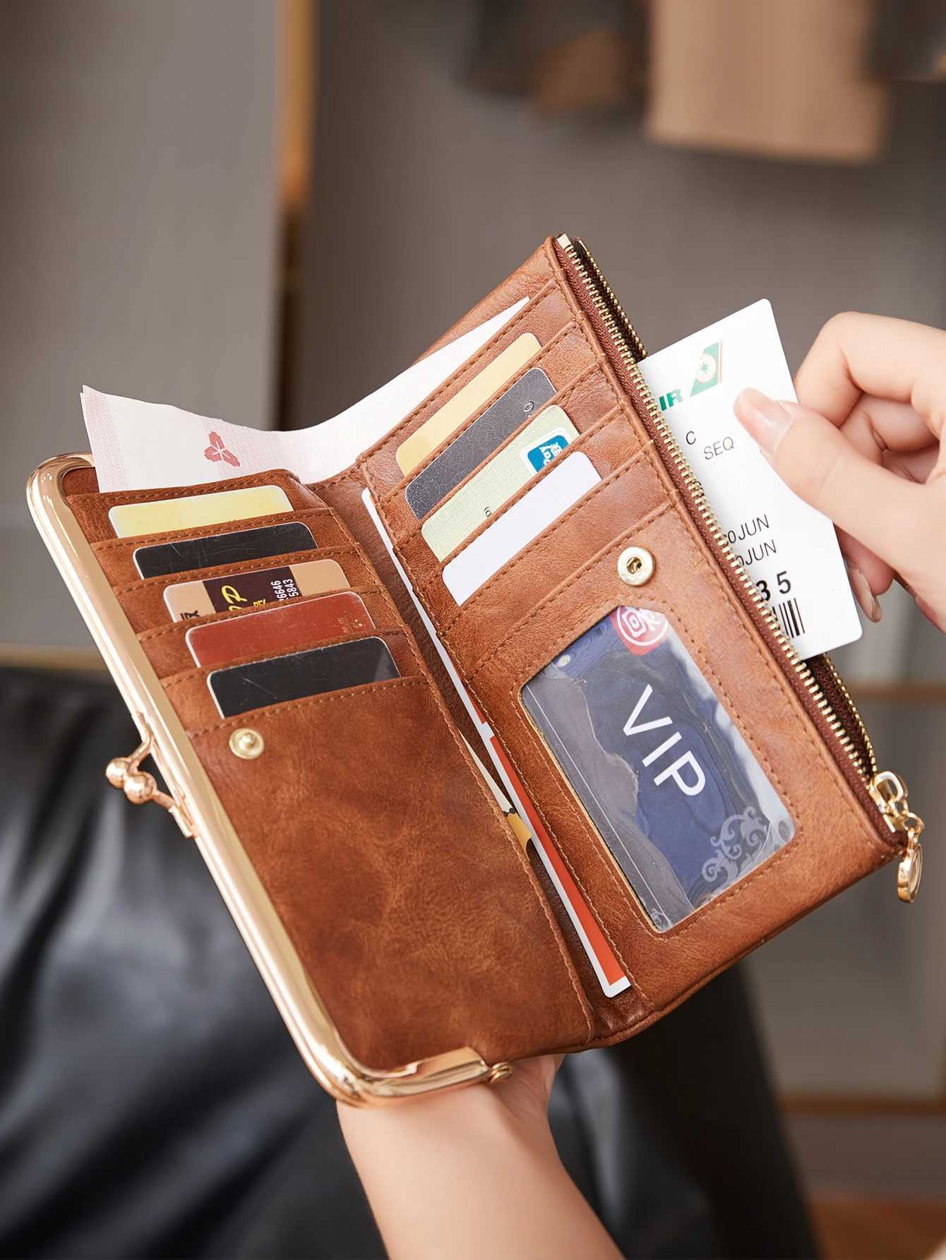 Vintage Kiss Lock Long Womens Wallet Solid Color Multi-functional Zipper Wallet Minimalism Double Fold Large Capacity Handbag Z250621