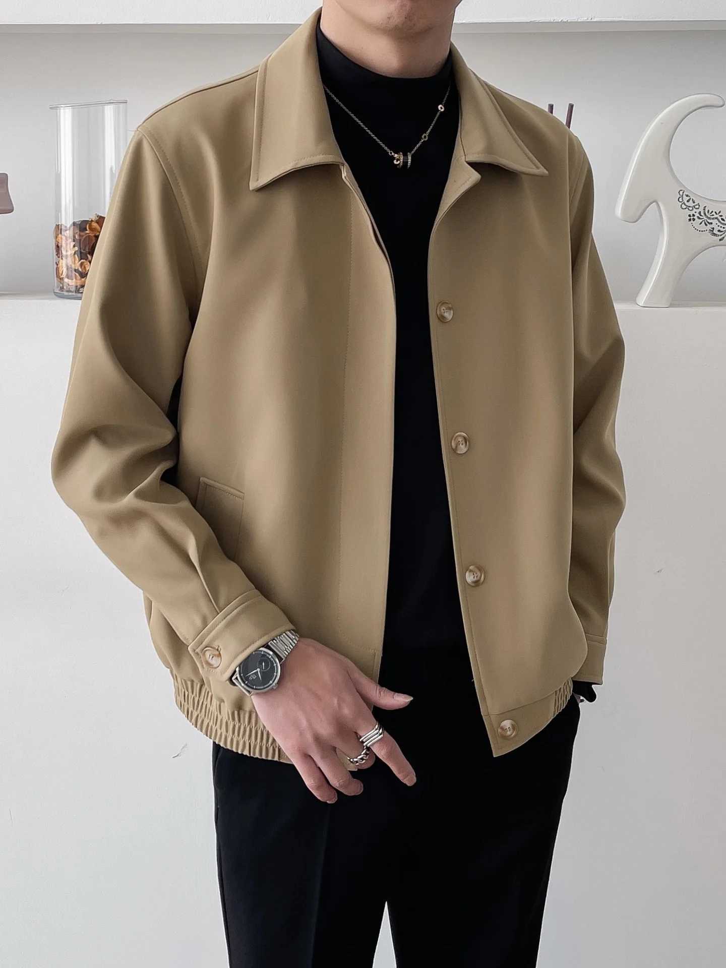 2024 Spring and Autumn New Mens Casual Apricot Lapel Jacket Loose Korean Version of The Trend Short Silhouette Coat Top Men XJ250621