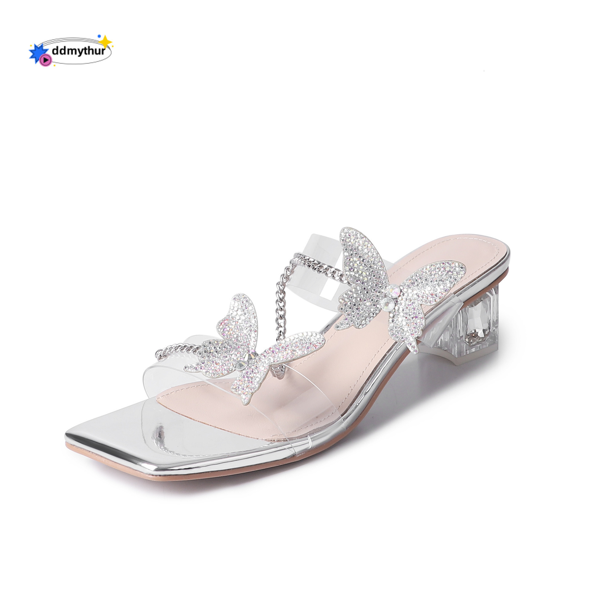 Two Styles Fairy Style Rhinestone Butterfly Transparent Sandals New Square Open Toe Crystal Heel Internet Celebrity High Heels ddmythur