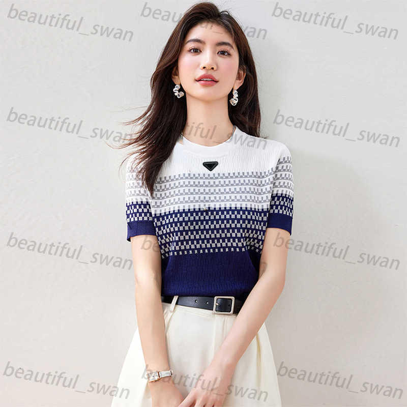Designer Women's T-Shirt High-End Ice Silk Knit Short Sleeve T-Shirt for Women Summer New Plus Size Slimming Color-Block Thin Striped Top