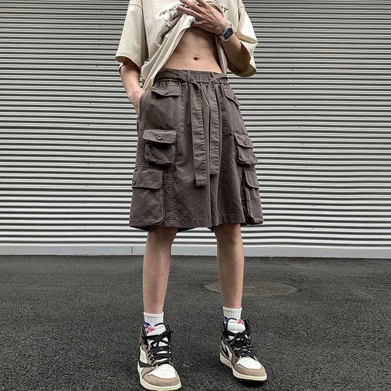 Oversize with Draw String Short Pants for Men Loose Big Size Long Baggy Bermuda Multi Pocket Wide Solid Mens Cargo Shorts Half W250621