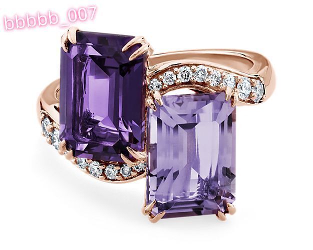Wedding Engagement Jewelry High-end 14k Rose Gold Emerald Cut Amethyst Diamond Two Stone Ring