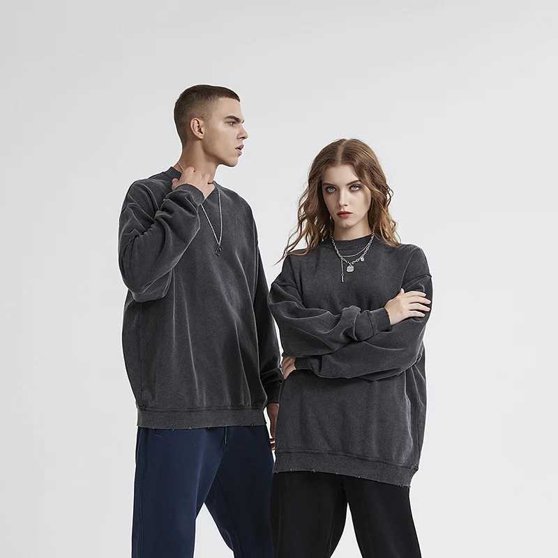 Round Neck Washed Pullover Casual 100% Cotton Solid Color Men Women Hip Hop Vintage Sweatshirt XJ250621