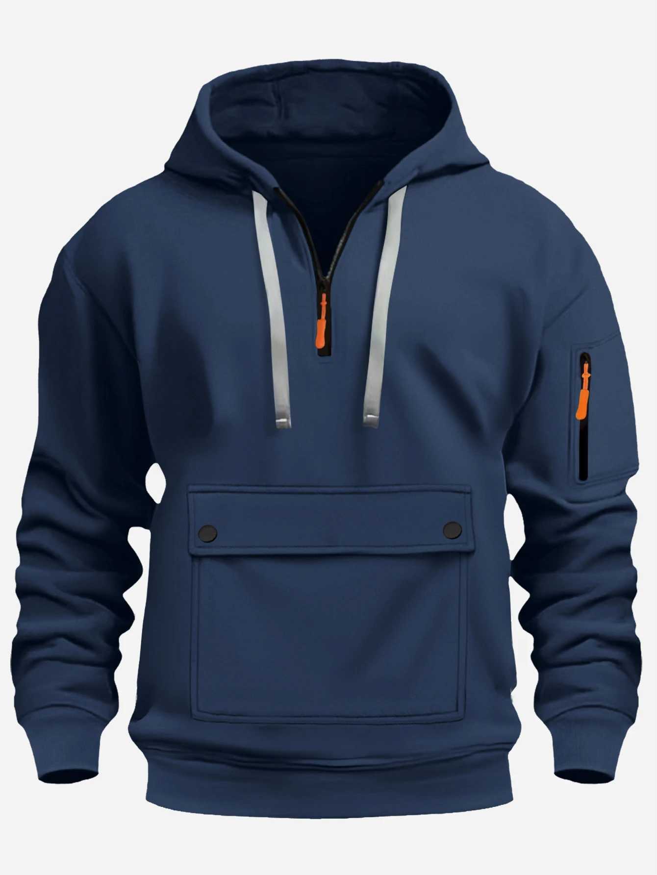 Mens casual large pocket zipper hoodie - solid color long sleeve autumn and winter sports and leisure trendy street style polyester XJ250621