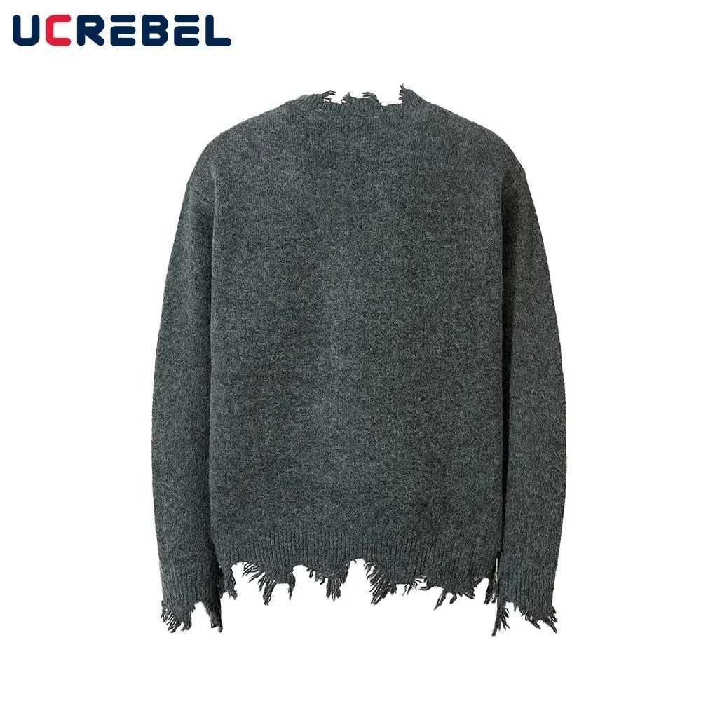 Raw Edge Knitted Sweater Mens Half Zipper Autumn Winter Loose High Street Long Sleeve Pullover Men Z250621