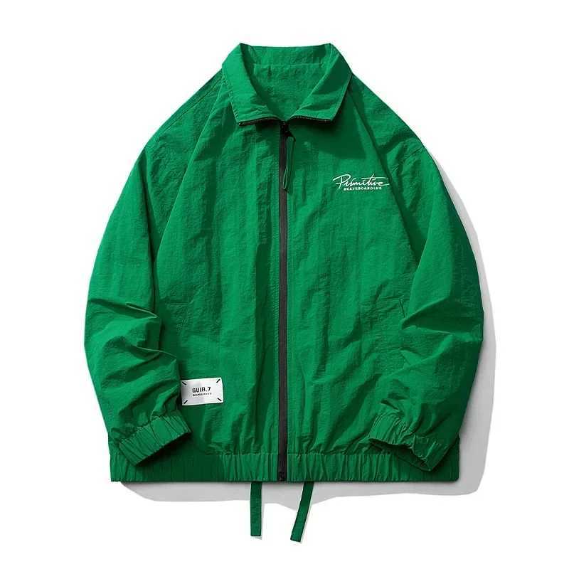 Men Hip Hop Streetwear Jacket Coat Retro Color Green Patchwork Harajuku Jacket Windbreaker Oversized Track Jacket Pocket Autumn XJ250621