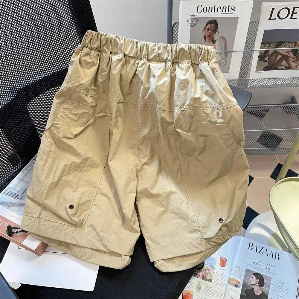 Male Short Pants Multi Pocket Khaki Loose Elastic Waist Mens Cargo Shorts Wide Japanese Street Style Streetwear Comfortable Y2k W250705
