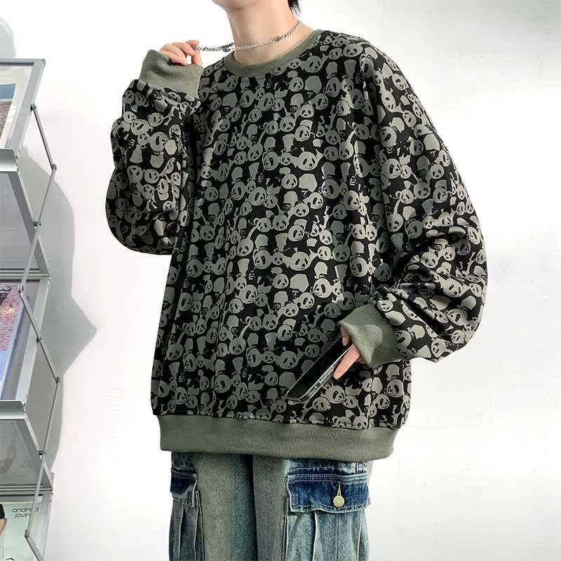 Spring and autumn mens Hong Kong style casual sweatshirt cartoon bear digital full-print loose mens round-neck sweatshirtXJ250621