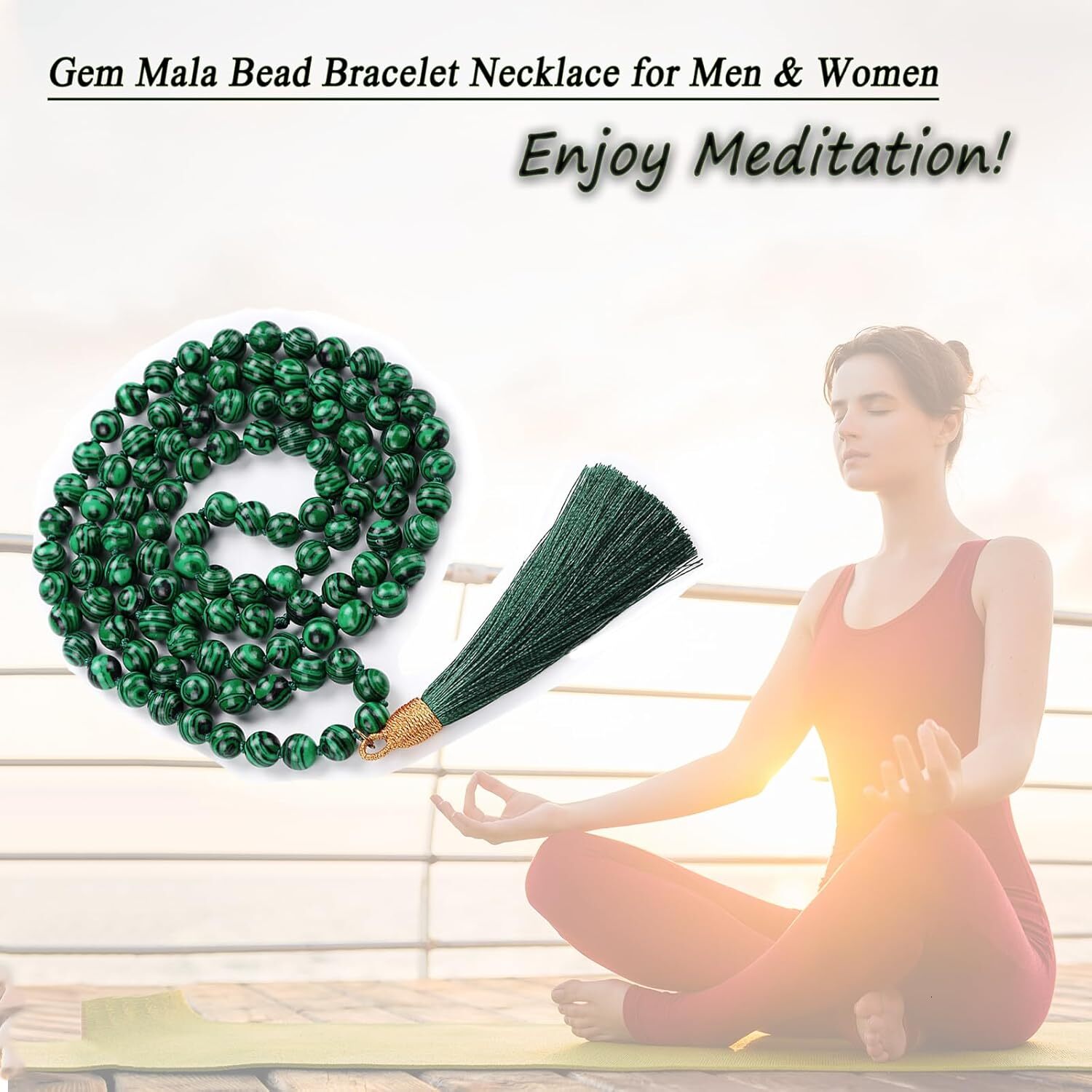 Luxury Bead Strand Bracelet 108 Buddhist Prayer Beads Yoga Meditation Green Malachite Beads Necklace Women man Wealth Attraction Buddhist Consecration