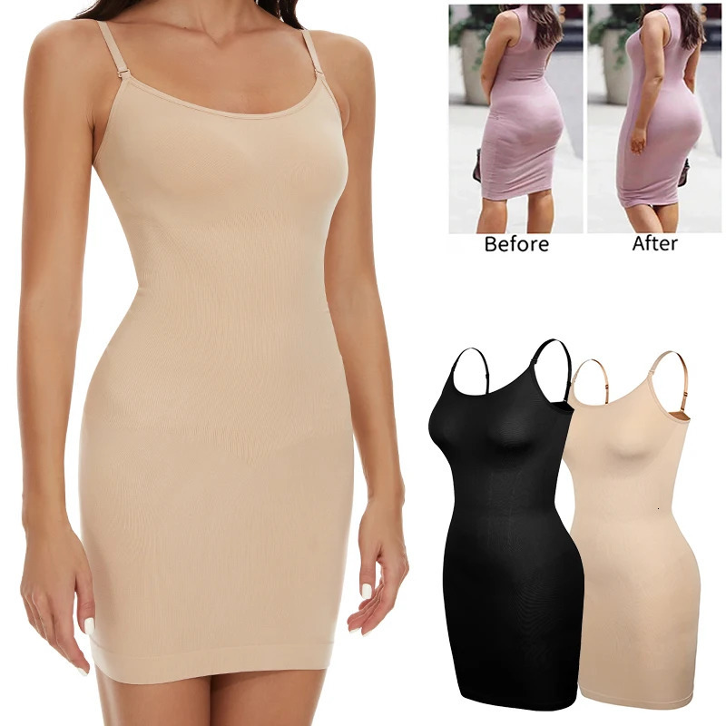 Women Shapewear Full Slip Tummy Control Crew Neck Cami Mini Under Dress Smooth Body Shaper Spaghetti Straps Lingerie 250617