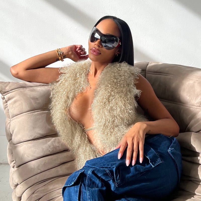 Women's Real Mongolian Sheepskin Halter Neck Fur Jacket with Elegant V-Shape Cutout
