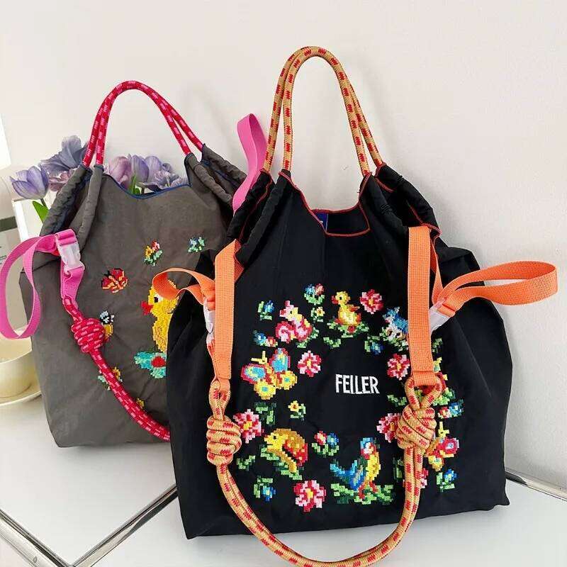 FEILER Oxford Cloth Large Draw String Hand Capacity Portable Shoulder Foldable Bag Embroidery Designer Bags