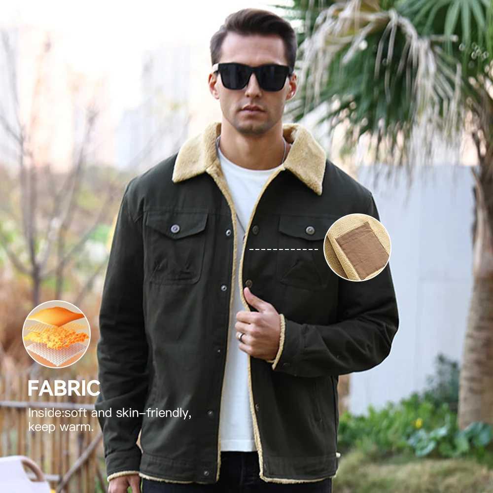 Mens Jackets Winter Faux Shearling Lined Windproof Warm Coat Black Buttoned Parka with Pockets Comfortable Casual Tops US Size XJ250621