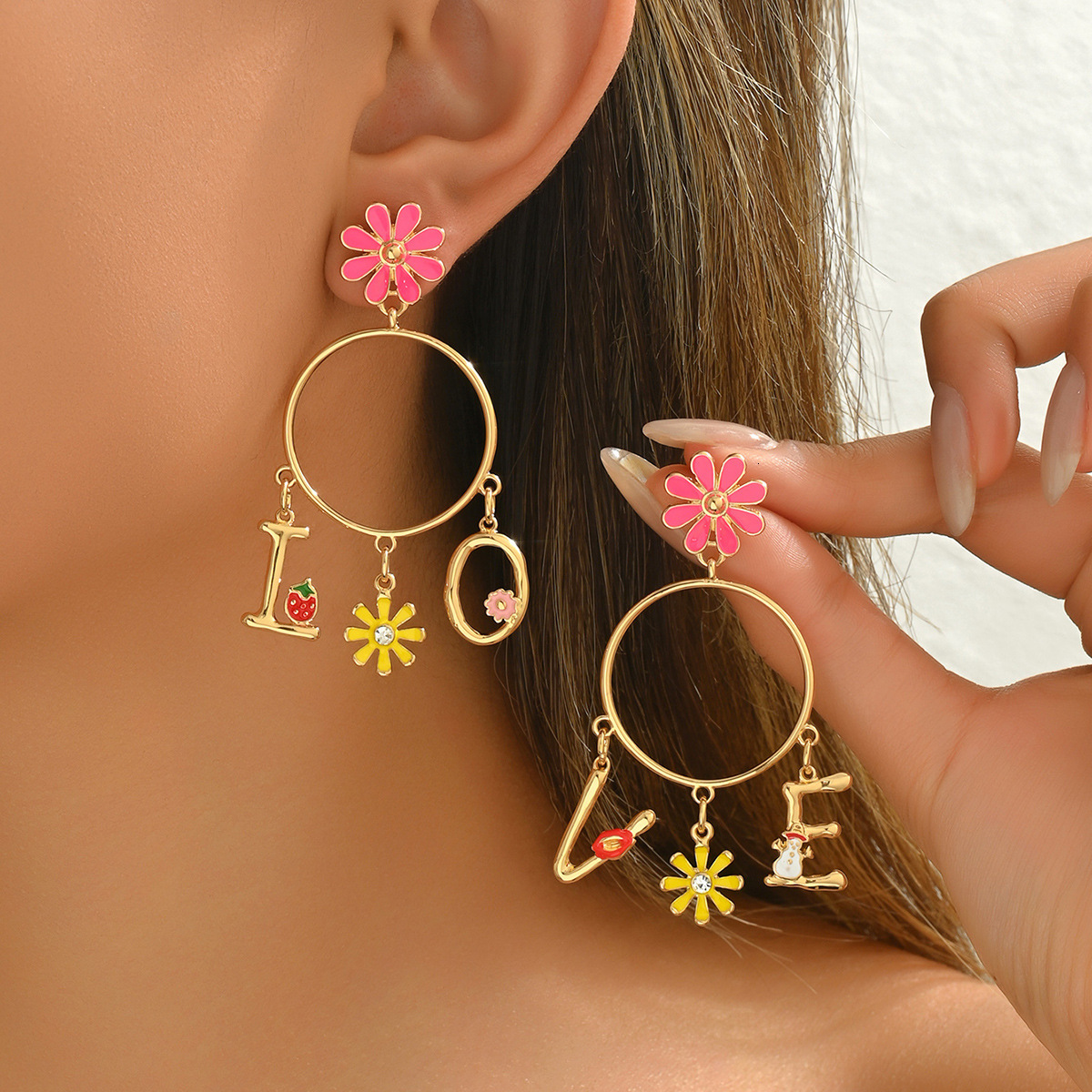 Trendy Women's New English Letter Flower Design Oil Drop Earrings Versatile Ear Jewelry For Women