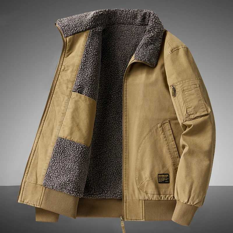 Warm Cotton Clothing Mens Lambs Wool Jacket Autumn Winter Solid Color Fleece Workwear Plus Size Outdoor Travel Lapel Coat Men XJ250621
