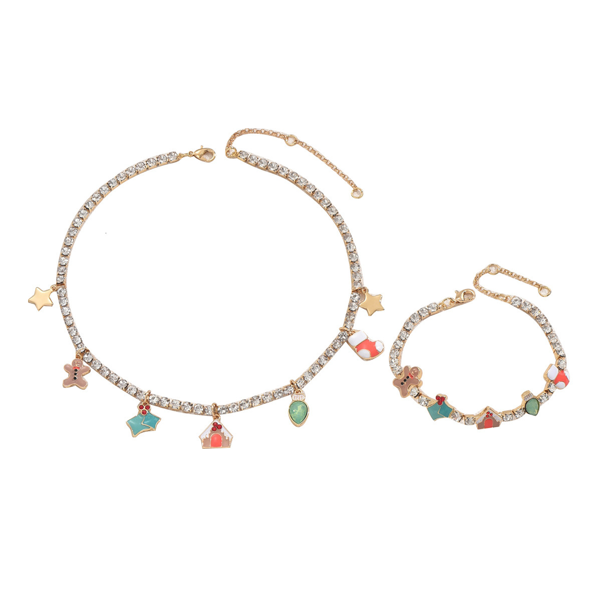 Wind Women's Bracelet Necklace Set Christmas Pattern Enamel Design Clavicle Chain Inlaid Jewelry For Women