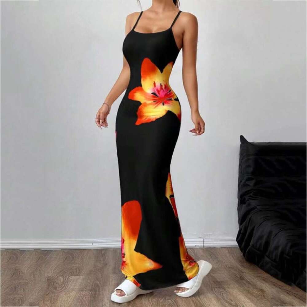Long Dress Sexy Spaghetti Strap Printed Elegant Long Dress Sexy Long Skirt
