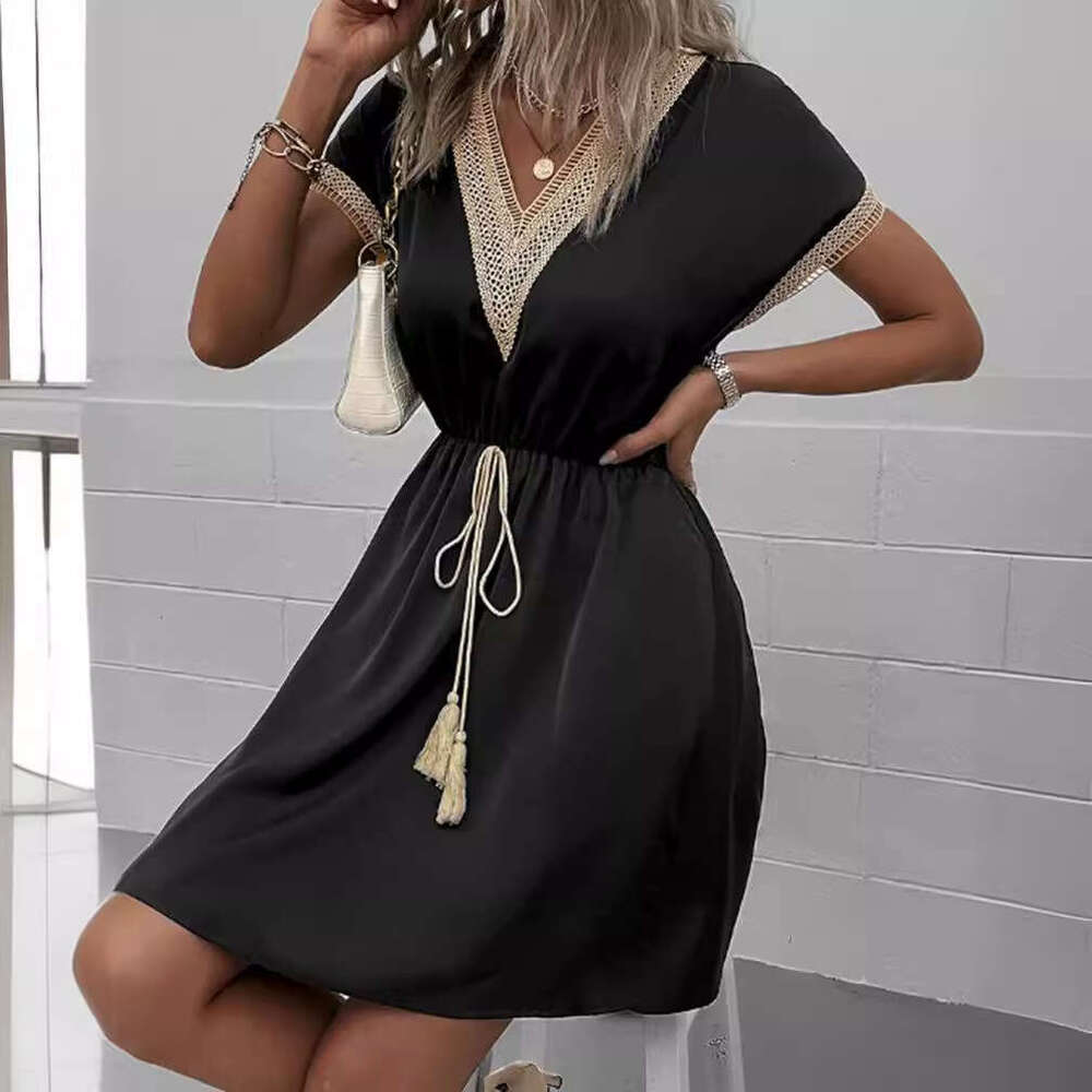 Long Dress Spring Summer Solid Color Short Sleeve Ruffle V Neck Waist Cinching Dress Sexy Long Skirt
