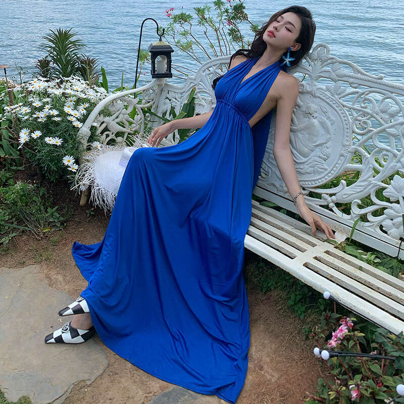 Long Dress Celebrity Style Klein Long With Halter Neck Multiple Wear Styles Beach Dress For Travel And Vacation Sexy Long Skirt