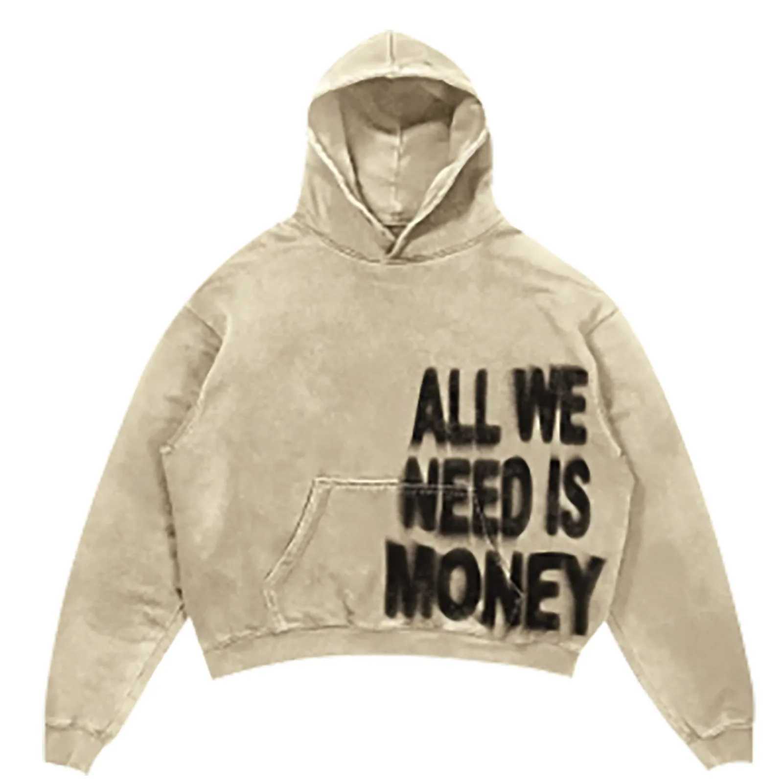 All We Need Is Money Print Hoodie Mens Hip Hop Letter Oversize Pullover Sweatshirt Casual Gothic Pullover Mens Street Hoodie XJ250621