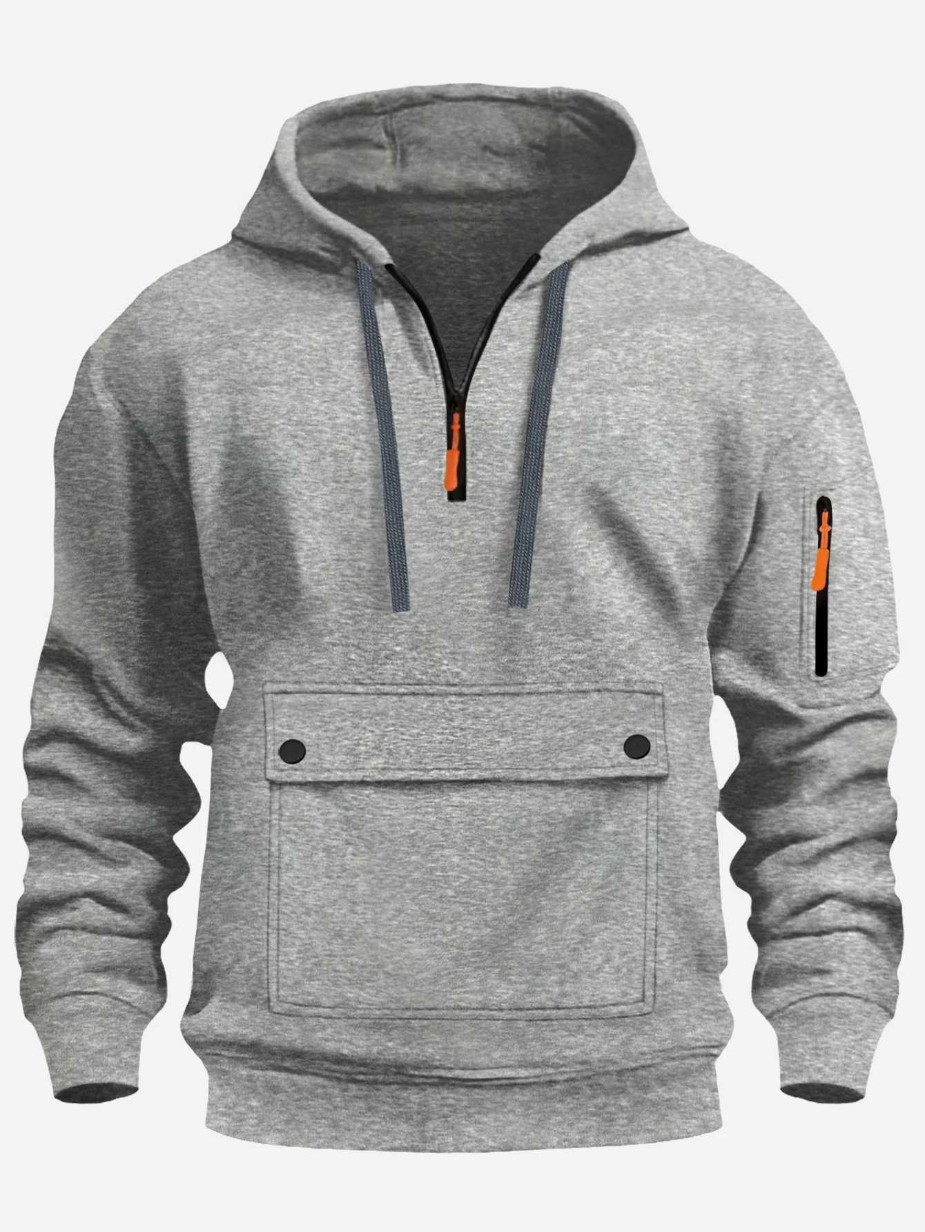 Mens casual large pocket zipper hoodie - solid color long sleeve autumn and winter sports and leisure trendy street style polyester XJ250621