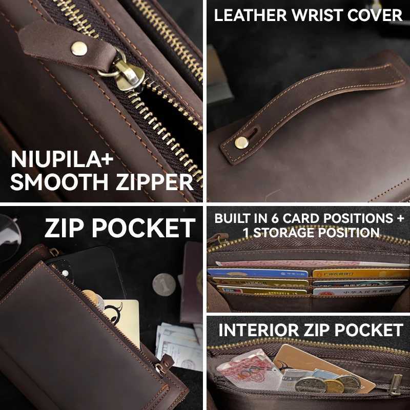 Crazy Horse Leather Men Long Purse Wallet Zipper Wallets Male Clutch Bag with Phone Pocket Business Long Wallet Z250621