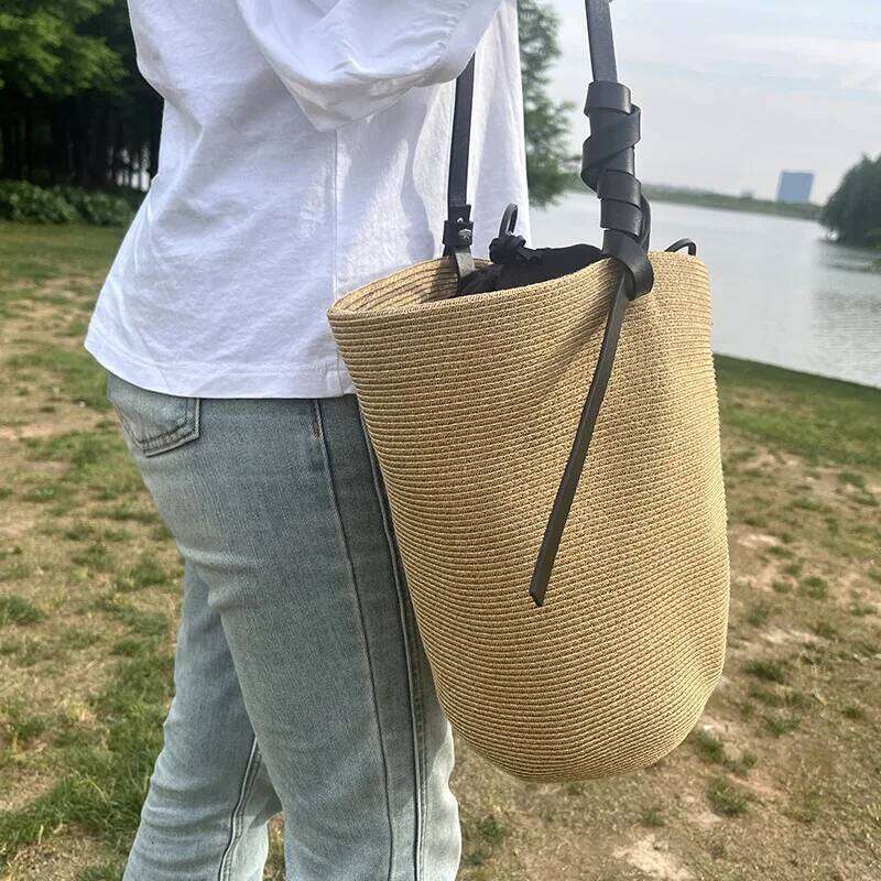 Meet You Summer Large Capacity Raffia Woven Straw For Women 2025 Commuter Bucket Shoulder Travel Shopping Beach Bag