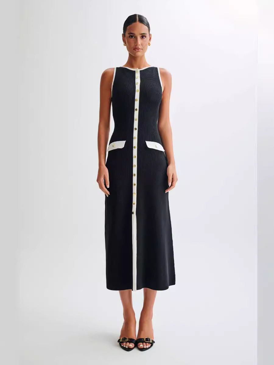 X6213Summer new knitted dress European and American women's dress elegant sleeveless button fashion sexy slim long skirt