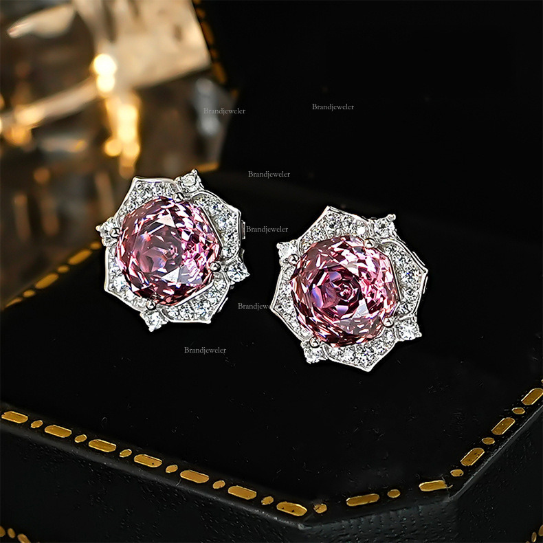 2025 New Model Millennial Rose Cut Octagon Pink Zircon Free Delivery Flower Necklace Pendant Light Luxury Designer Necklace Open Ring Earring Set