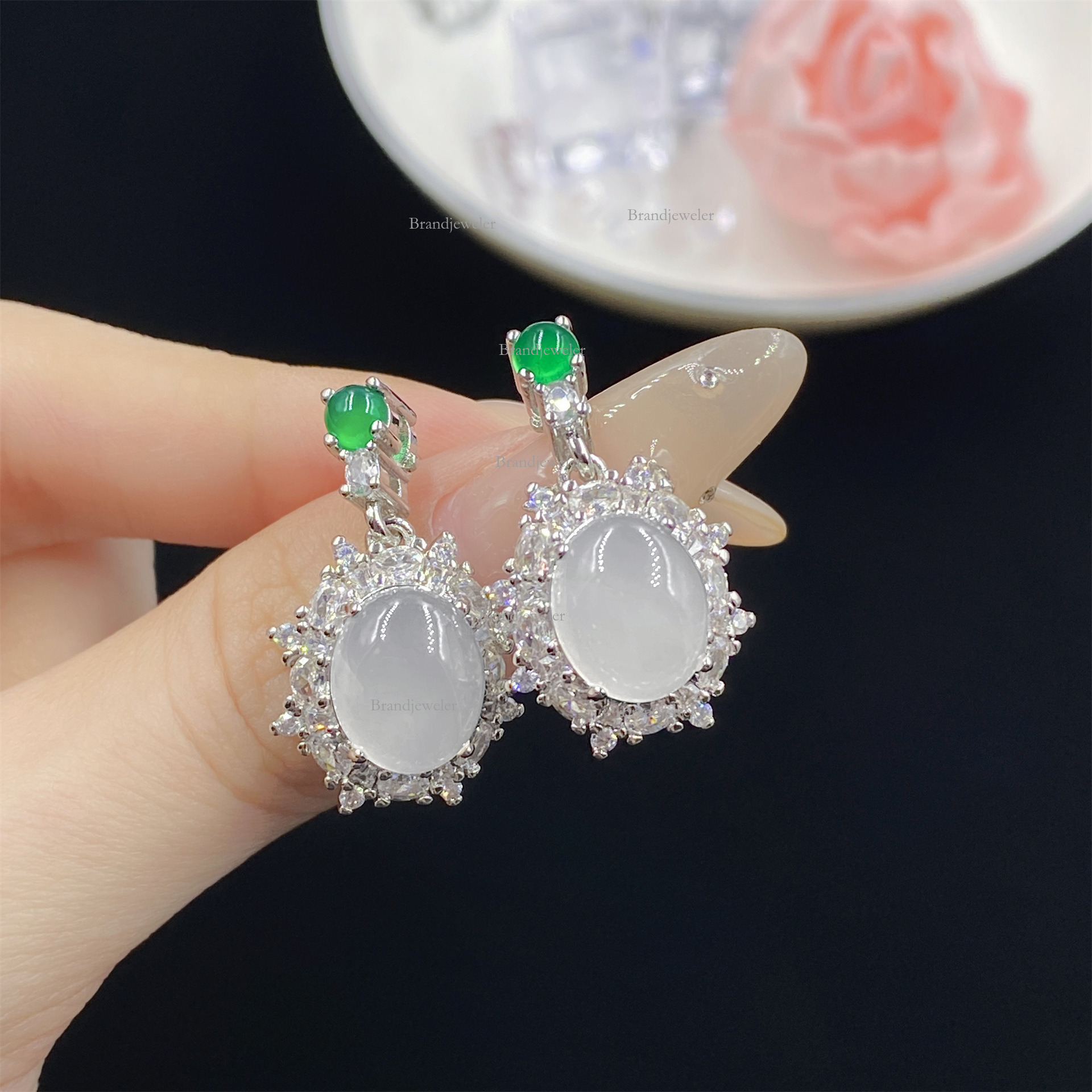 Model Natural White Chalcedony Gray Agate Free Delivery Three-piece Set Full Diamond Open Ring For Women Elegant Luxurious Designer Necklace Pendant E